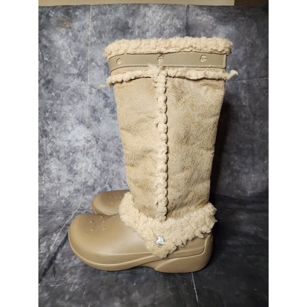 Crocs Nadia Women's 7 Beige Boots Shearling Lined Pull On Knee Mid Calf Comfort